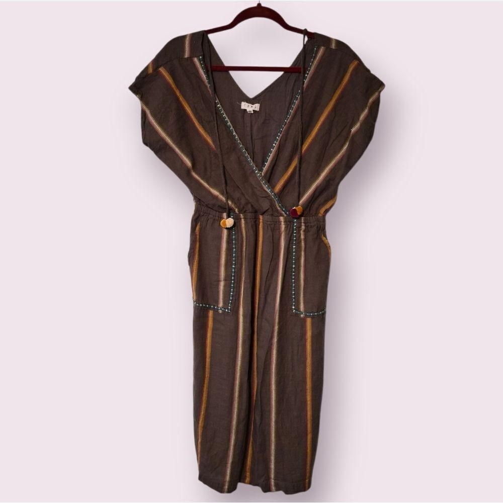 THML Brown Striped Midi Dress with V-Neck Boho Women's Large | EUC